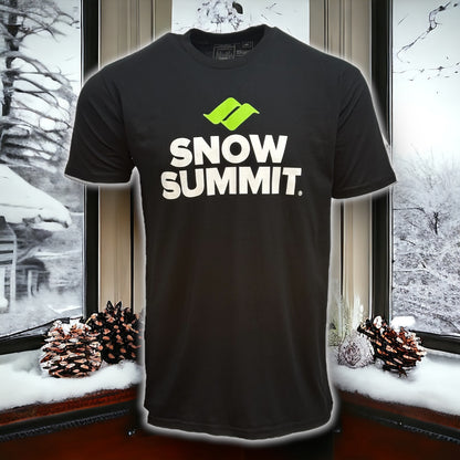 Black tshirt with green snow summit logo and Snow Summit font below