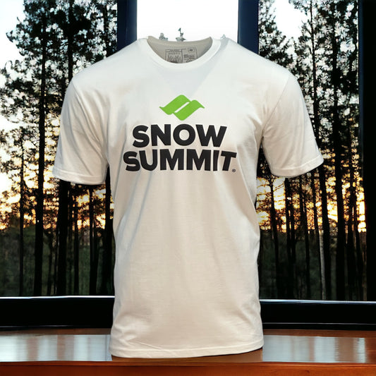 White tshirt with green snow summit logo and black Snow Summit font below