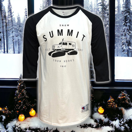 White torso with black mid to long sleeve baseball style shirt with a snow summit font in black and black snow cat design