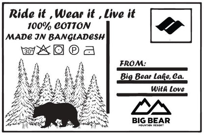 Internal t-shirt tag for Snow Summit that resembles a postcard with the words: Ride it, Wear it, Live it; 100% cotton; Made in Bangladesh; From Big Bear Lake, CA with love and the resort logos with a bear and forest trees design