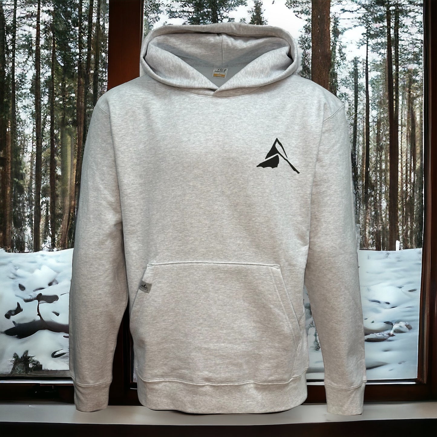 Ash grey hoodie sweatshirt with a black mountain logo design in upper left corner