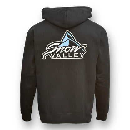 Backside of black hoodie sweatshirt with white and blue Snow valley logo