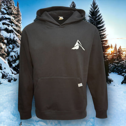 Black hoodie sweatshirt with white mountain peaks logo on upper left side