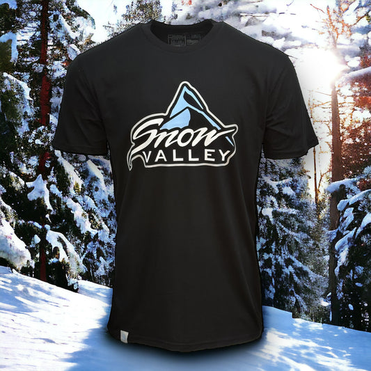 Black t shirt with blue and white snow valley logo in the center