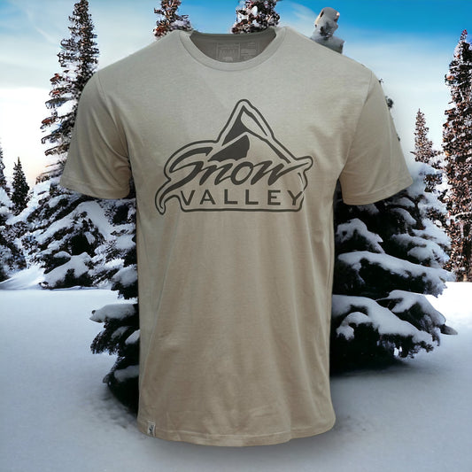 Grey t shirt with dark colored snow valley logo in center of shirt