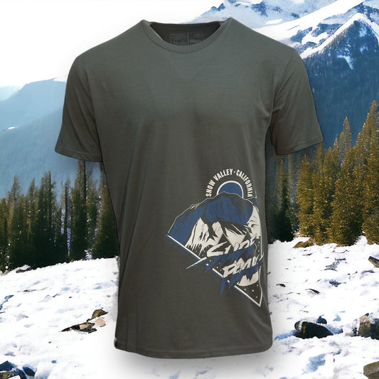 Charcoal grey t shirt with snow valley logo, mountain design, and the words slide peak in blue and white on bottom left corner