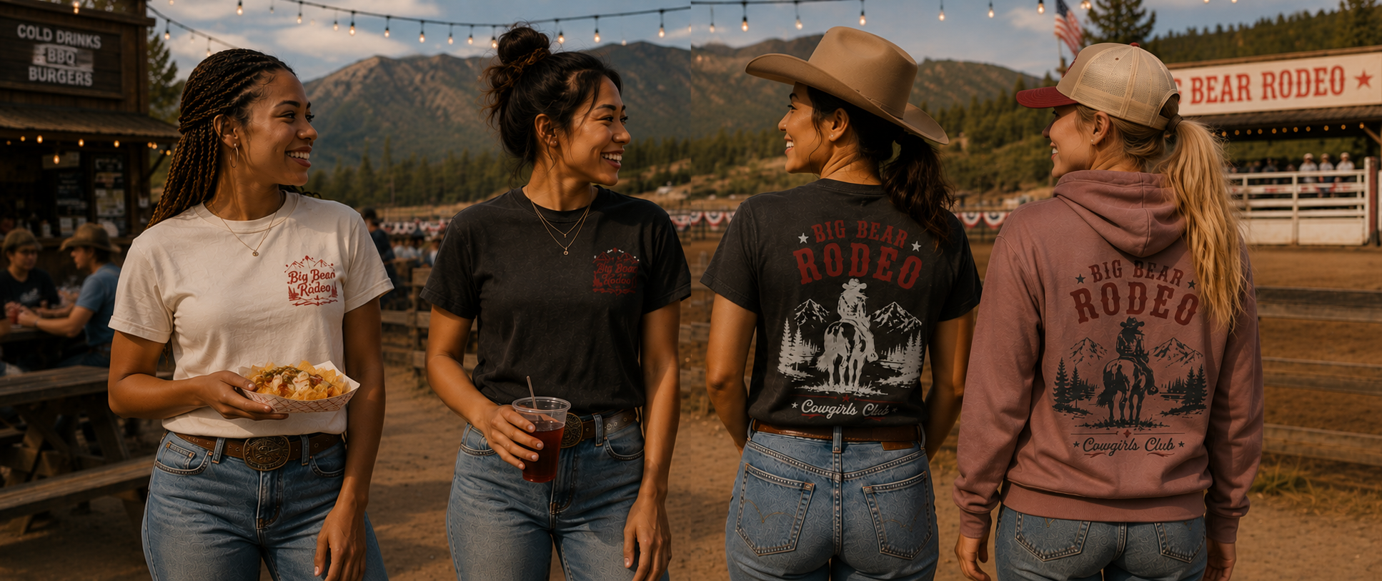 Four women standing outdoors at a rodeo event, wearing matching Big Bear Rodeo graphic apparel including t-shirts, a hoodie, and jeans, with mountains and vendor stalls in the background.