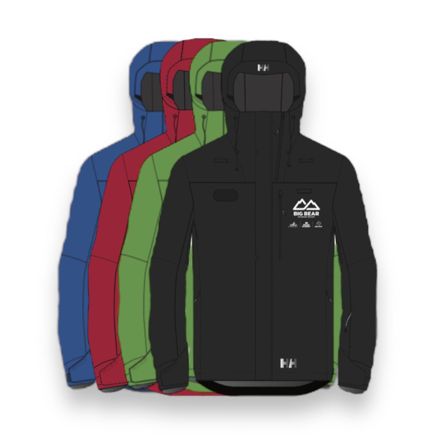 Big Bear Mountain Resort snow jacket uniform in black, red, blue, green.