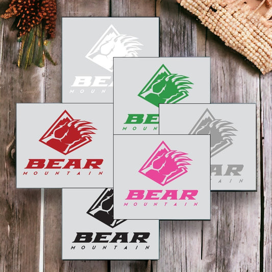 Bear Mountain Logo Sticker in colors: red, white, green, silver, black, pink