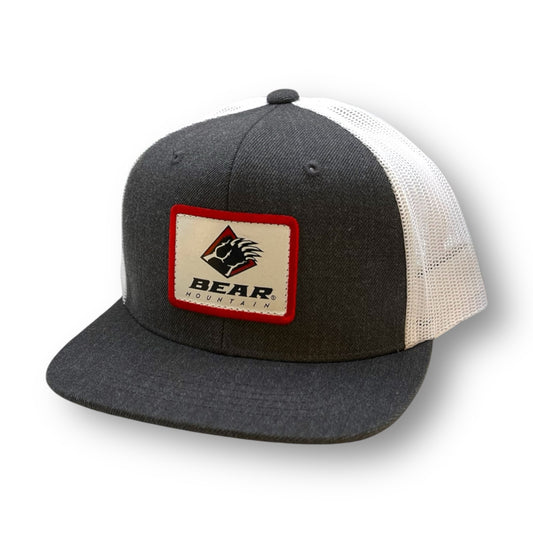 Charcoal hat with White Mesh and bear mountain logo on front