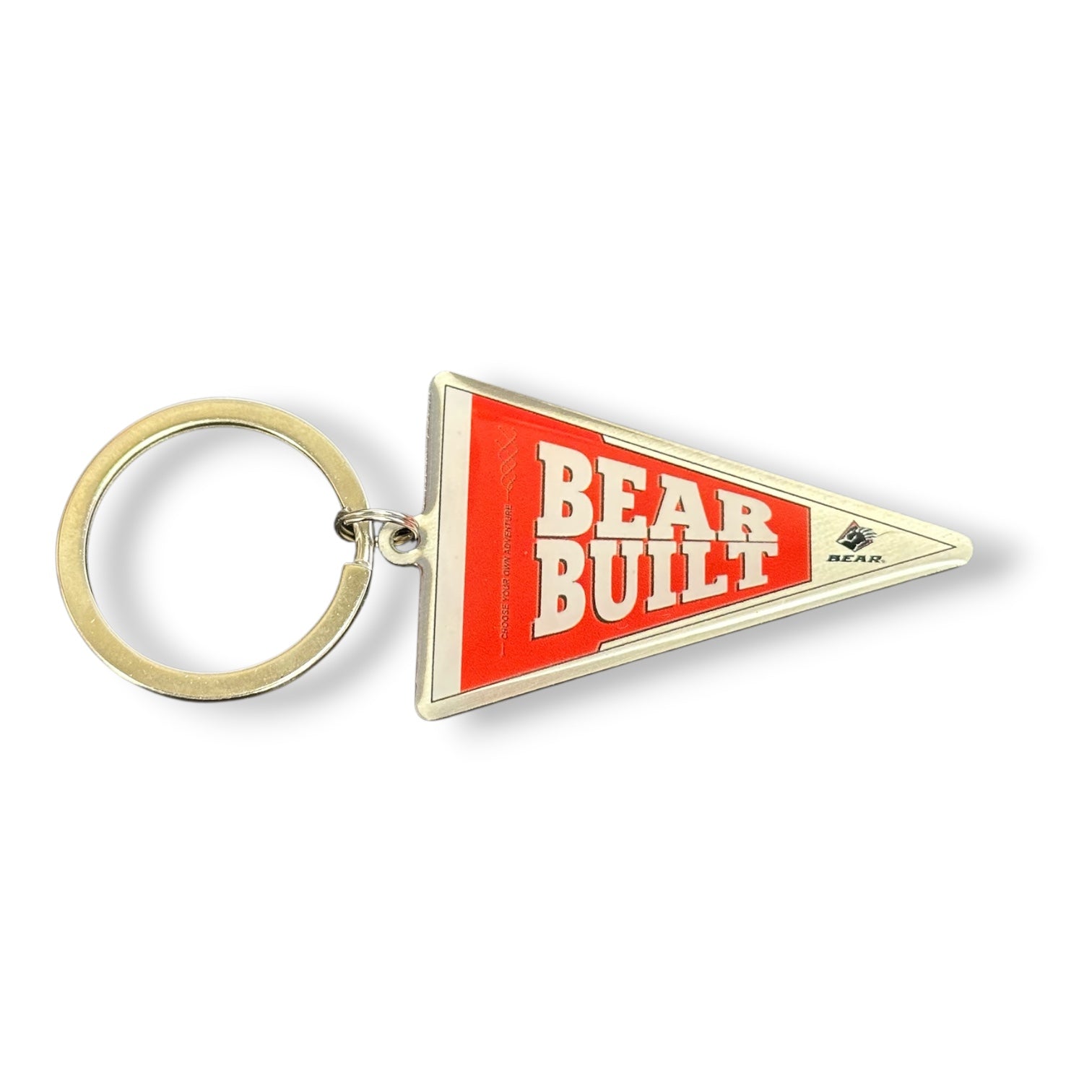 A triangular red and white 'BEAR BUILT' pennant keychain with a gold-tone metal split ring, shown on a plain white background.