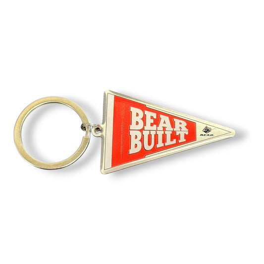 A triangular red and white 'BEAR BUILT' pennant keychain with a gold-tone metal split ring, shown on a plain white background.