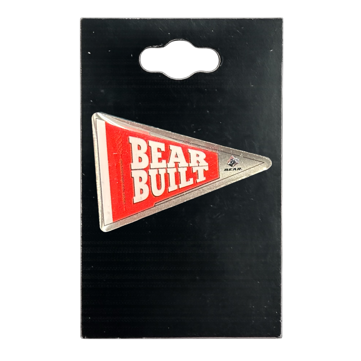 A triangular red and white 'BEAR BUILT' enamel pin on a black display card with a hanging tab.