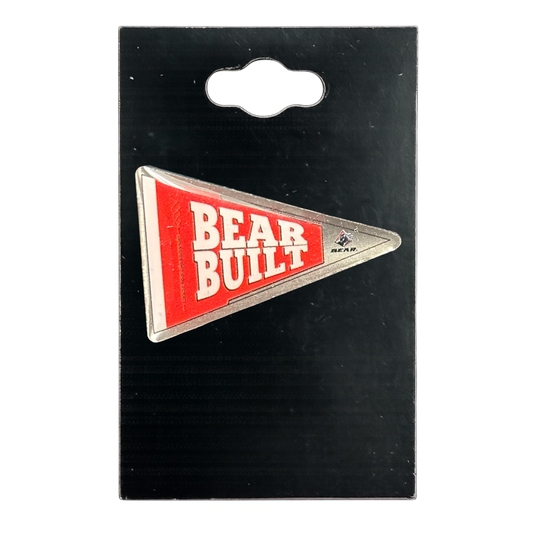 A triangular red and white 'BEAR BUILT' enamel pin on a black display card with a hanging tab.