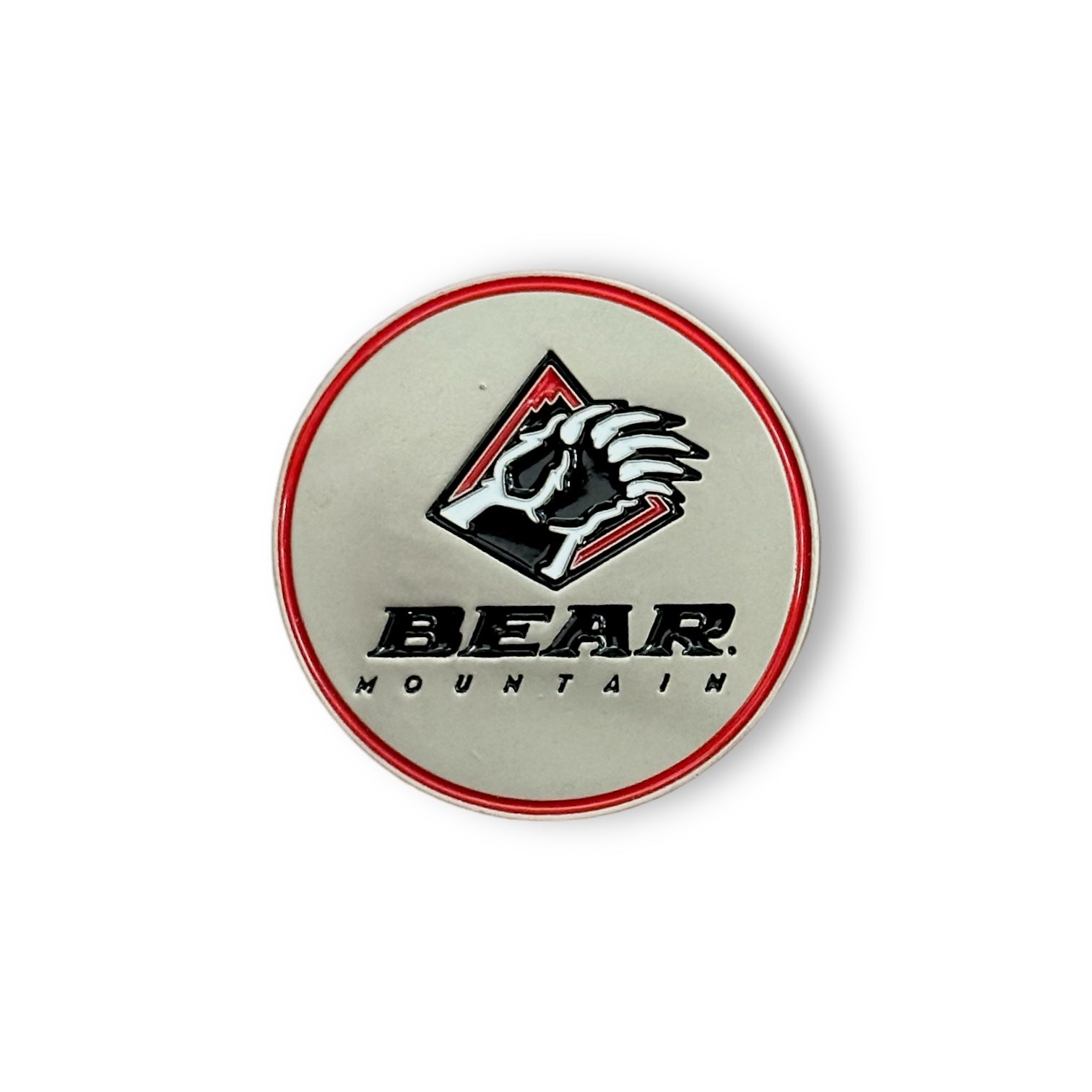 Bear Mountain golf ball marker in silver with red outlined edge and the Bear Mountain logo with bear claw emblem in the middle.