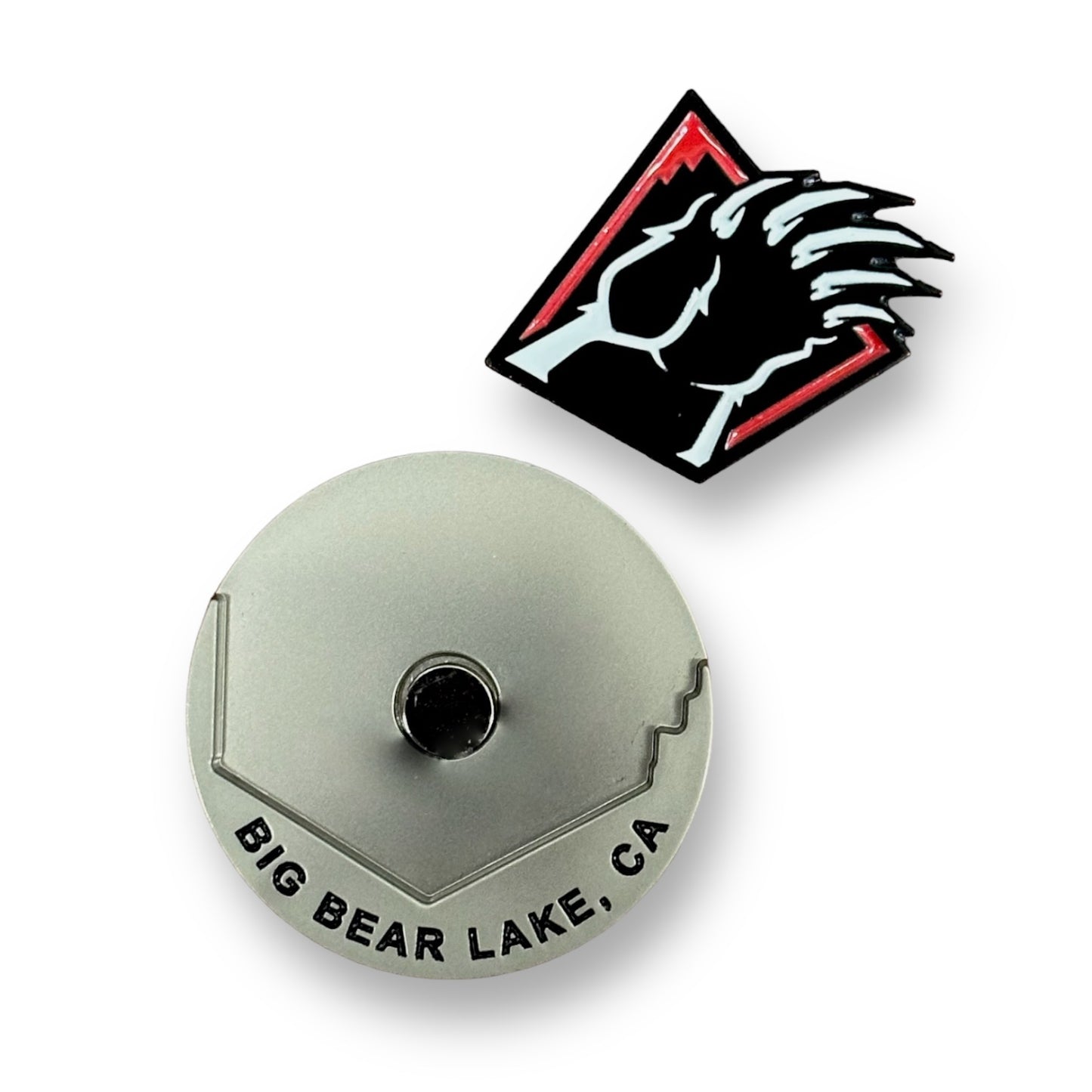 Big Bear Lake, CA bear claw golf ball marker with magnetic removable bear claw in red, white, and black.