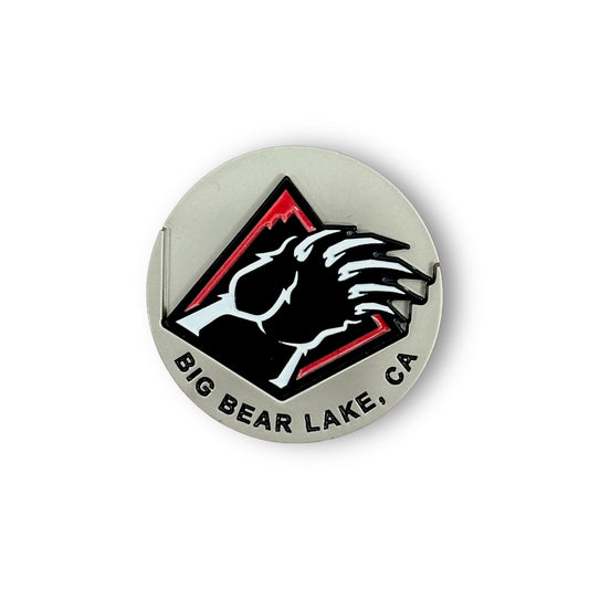 Silver golf ball market with Big Bear Lake, CA words at the bottom and a bear blaw removable ball marker in black, red, and white.