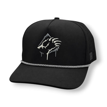 Black snapback hat with a bear claw design and a rope on bill.