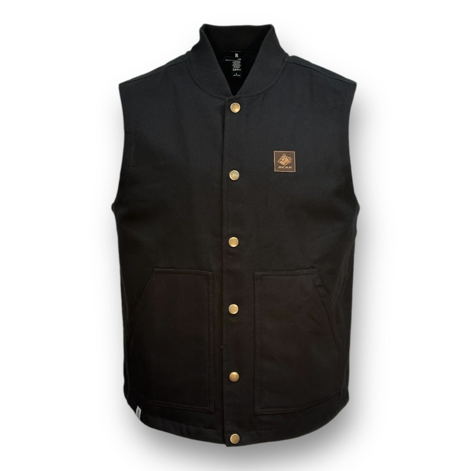 Black button up vest with two large pockets on each side and a brown bear mountain patch on upper left side