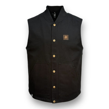 Black button up vest with two large pockets on each side and a brown bear mountain patch on upper left side