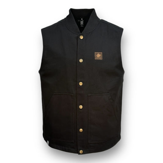 Black button up vest with two large pockets on each side and a brown bear mountain patch on upper left side