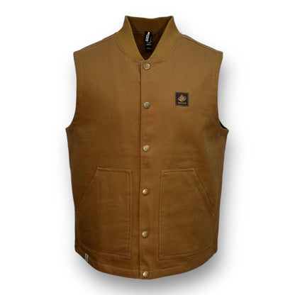 Brown button up vest with two large pockets on each side and a brown bear mountain patch on upper left side