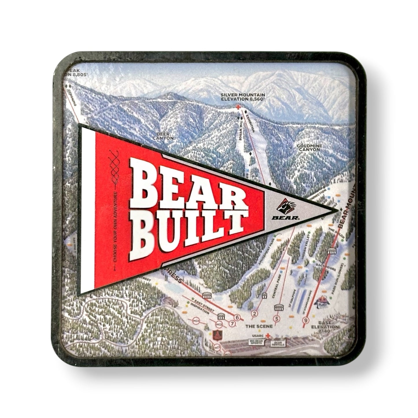 A square magnet with rounded corners featuring a ski resort map background and a large red and white 'BEAR BUILT' pennant graphic across the center.