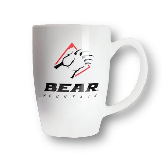 White mug with Bear Mountain claw logo in black/red.