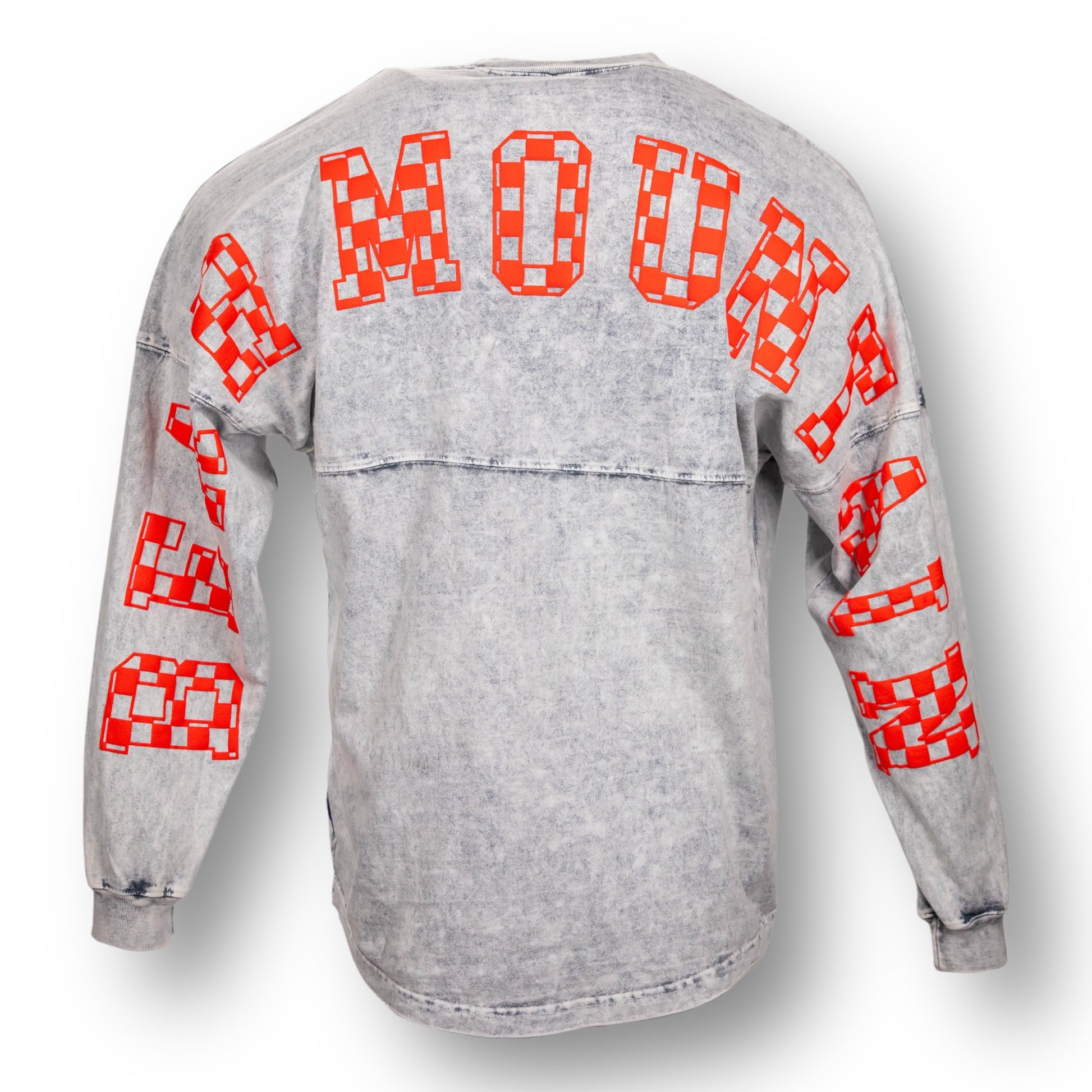 Backside of an oversized mineral wash crew neck long sleeve t-shirt with Bear Mountain in red checker letters on the back, from arm sleeve to arm sleeve.