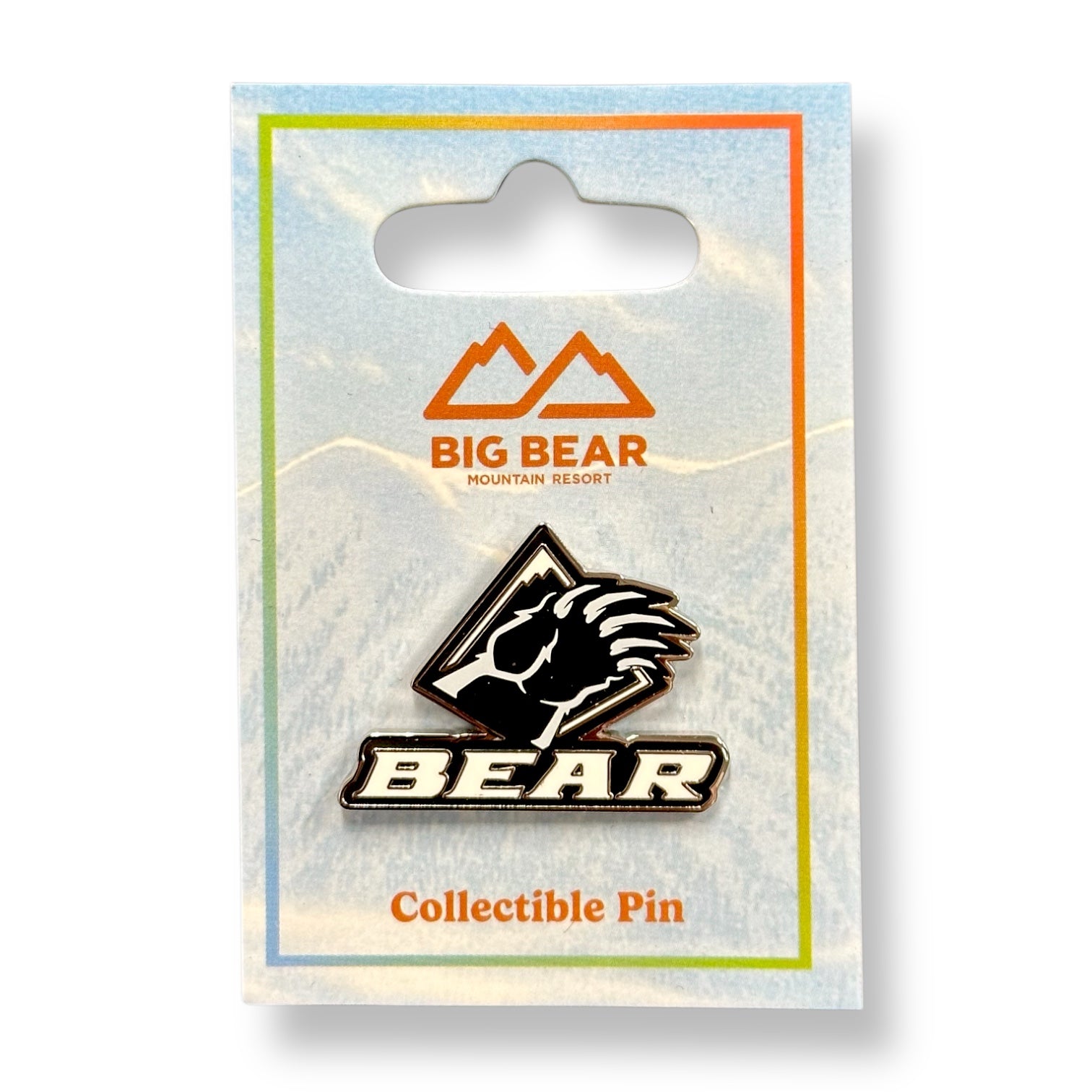 Bear Mountain pin with the word BEAR and a bear claw in black and white.