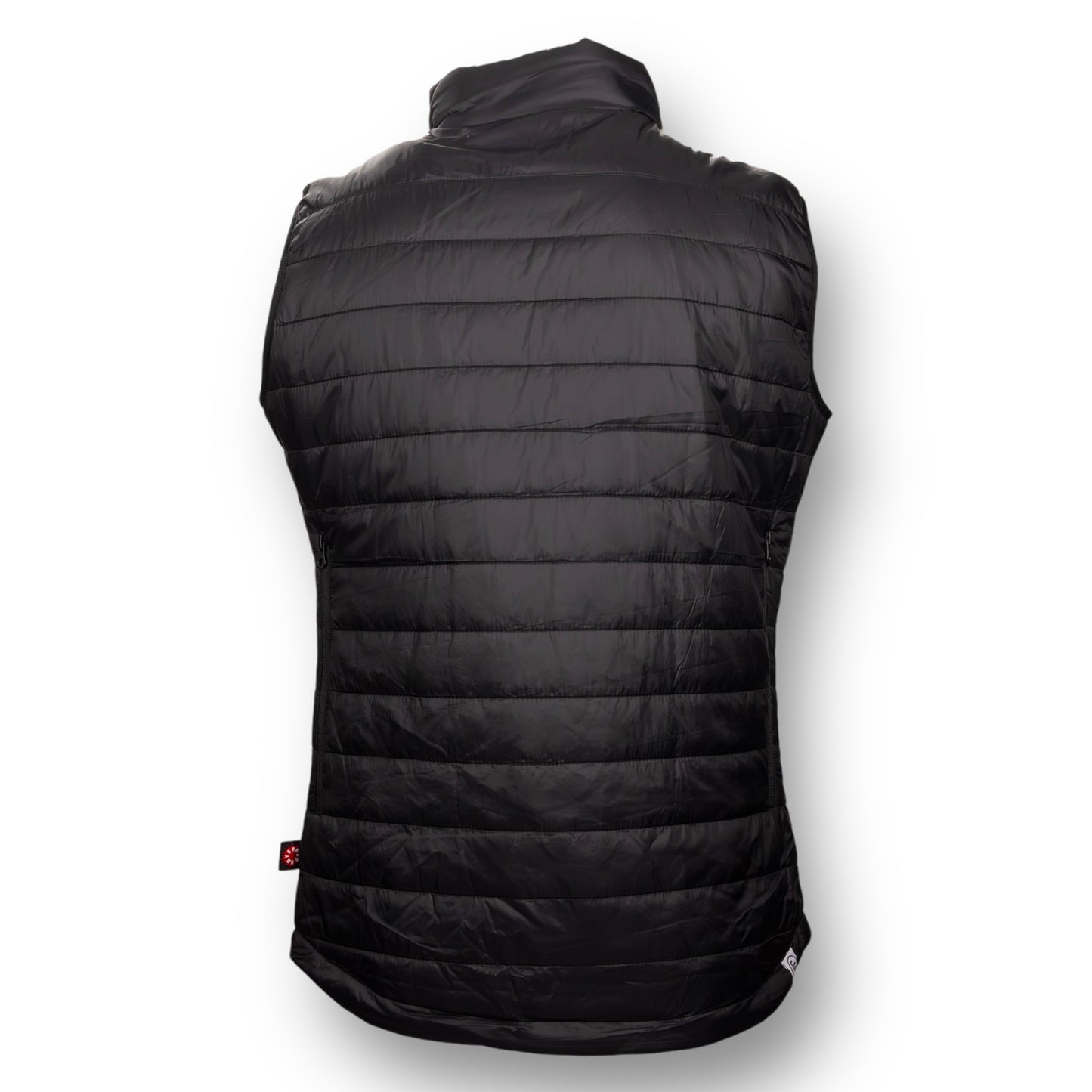 Back of a black puffer vest.
