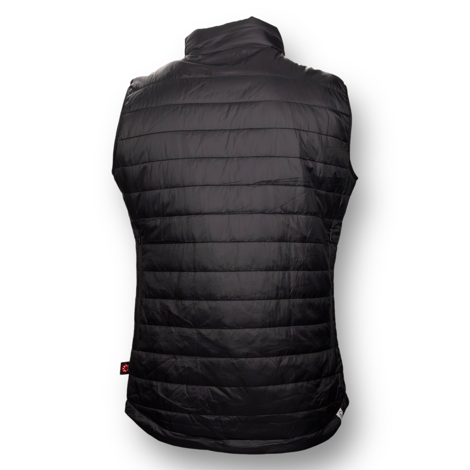 Back of a black puffer vest.