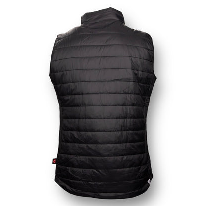 Back of a black puffer vest.
