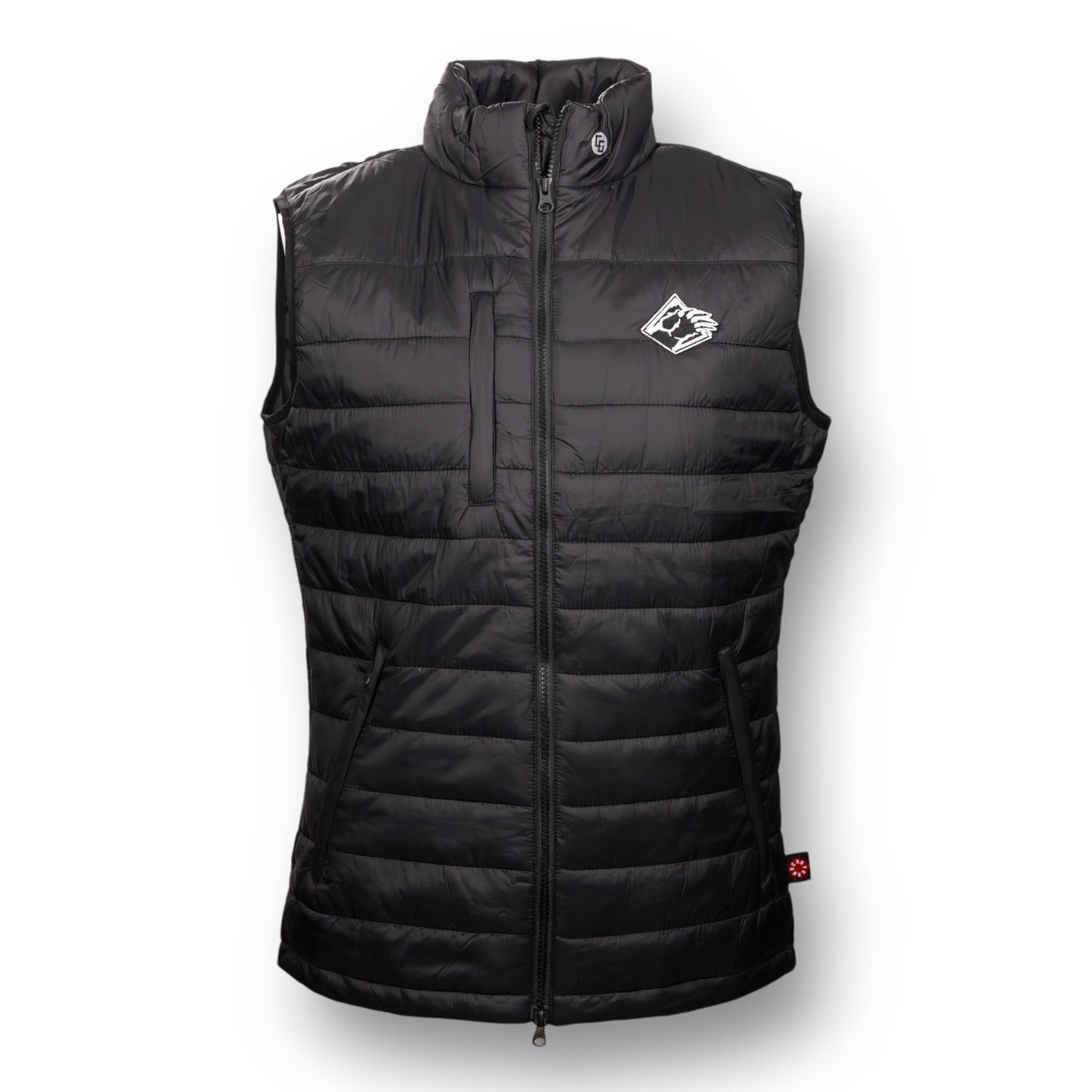 Black puffer vest with a Bear Mountain brand logo on the chest.