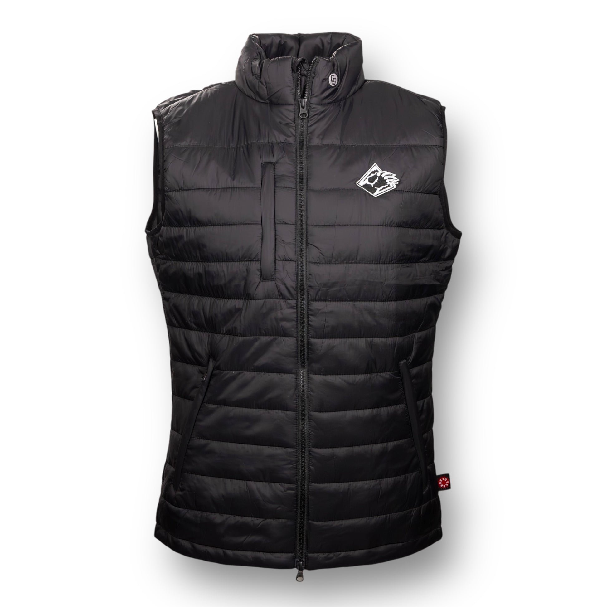 Black puffer vest with a Bear Mountain brand logo on the chest.