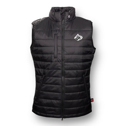 Black puffer vest with a Bear Mountain brand logo on the chest.