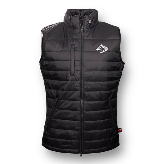 Black puffer vest with a Bear Mountain brand logo on the chest.
