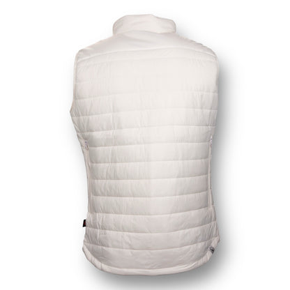 Backside of a white puffer vest.