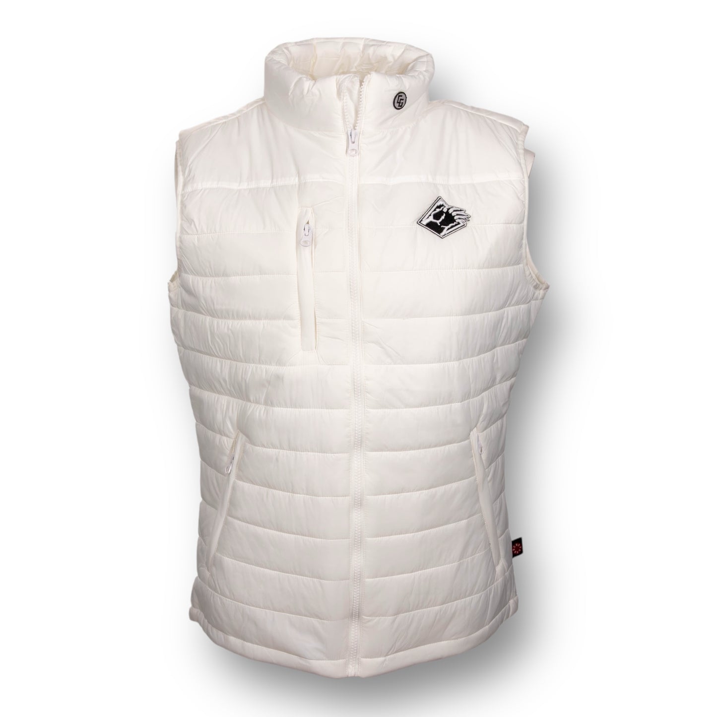 White puffer vest with a Bear Mountain brand logo on the chest.