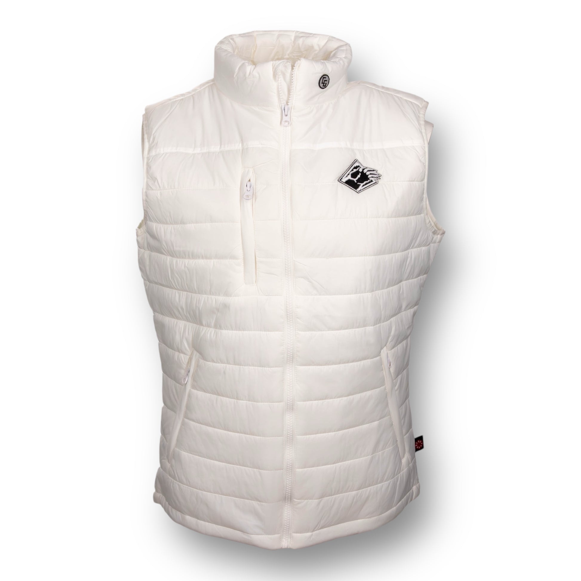 White puffer vest with a Bear Mountain brand logo on the chest.