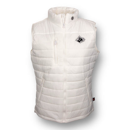 White puffer vest with a Bear Mountain brand logo on the chest.