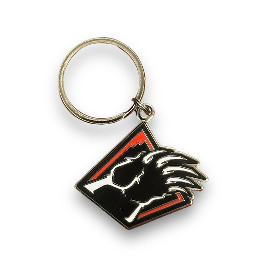 Bear Mountain red, black, and white bear claw metal keychain