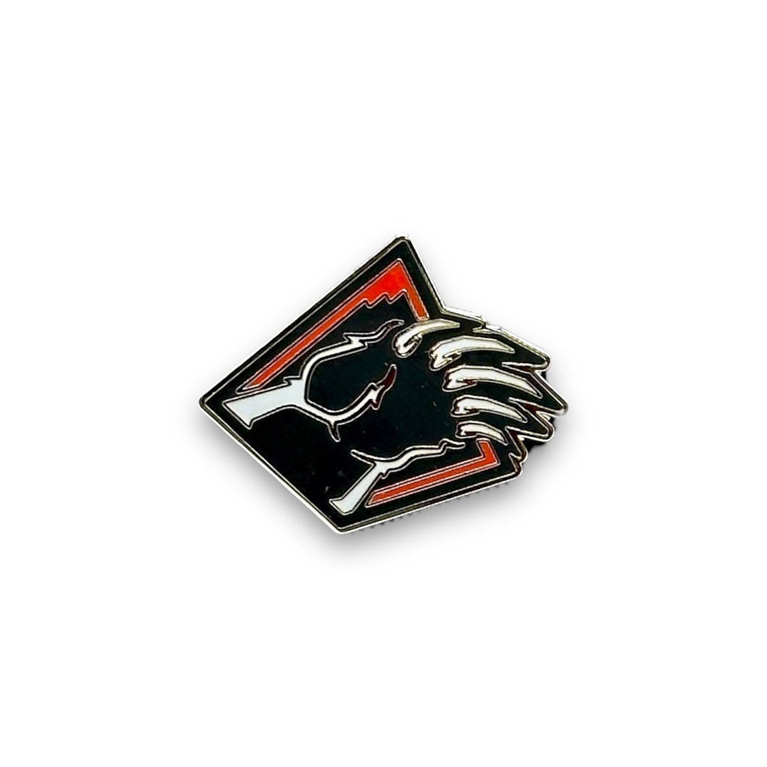 Bear Mountain bear claw metal pin in red black and white.