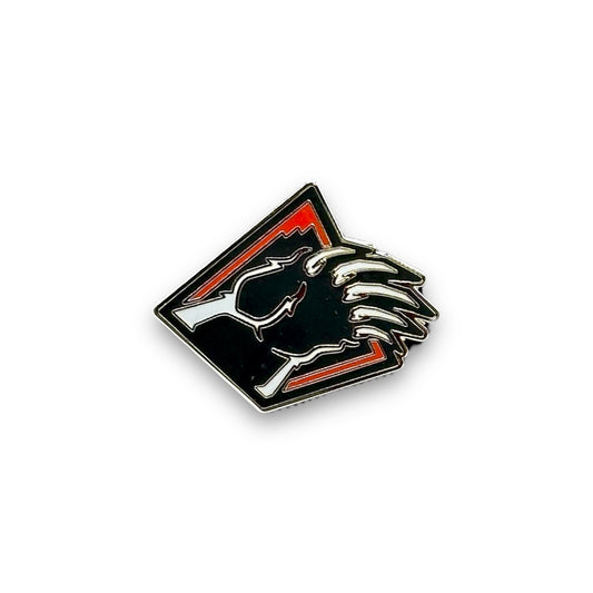 Bear Mountain bear claw metal pin in red black and white.