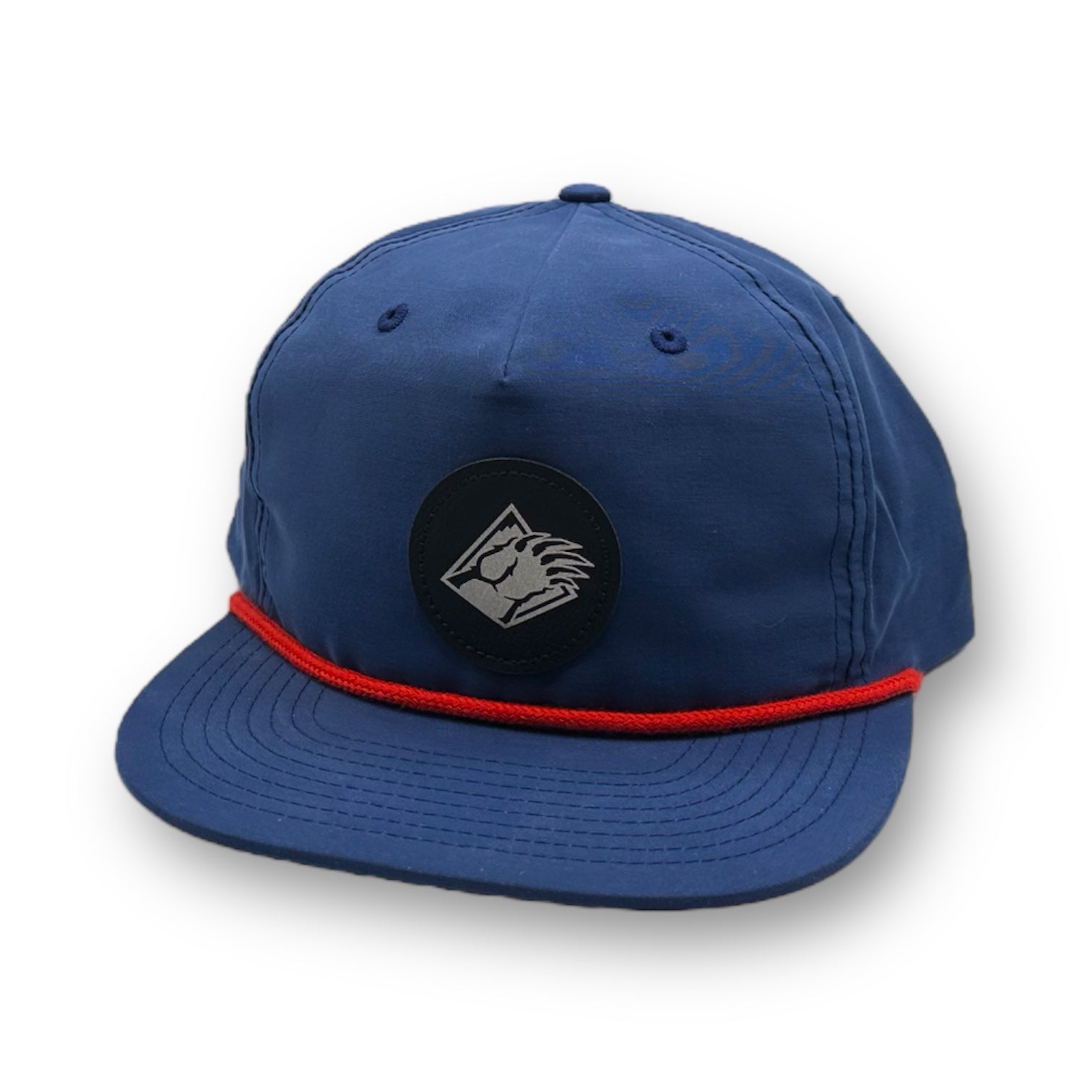 Blue hat with Bear claw logo and red rope on mid crown.
