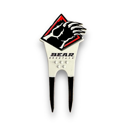 Bear Mountain bear claw divot tool with the Bear Mountain signature logo in red, white, and black with removable bear claw ball marker.