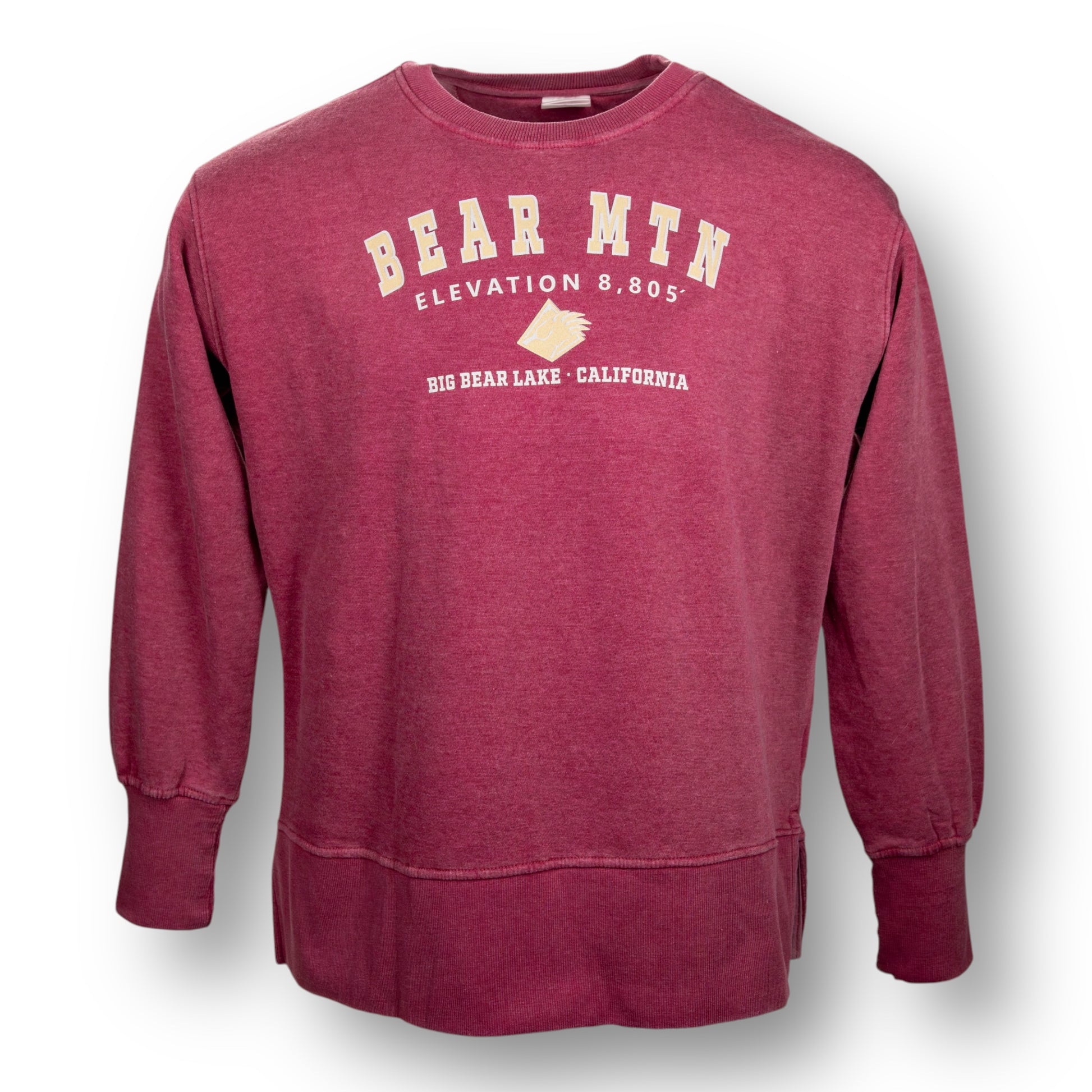 A red color crewneck sweatshirt with Bear Mountain logo, the elevation, and Big Bear Lake, California on the chest.