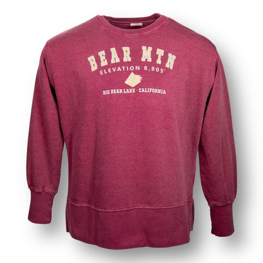 A red color crewneck sweatshirt with Bear Mountain logo, the elevation, and Big Bear Lake, California on the chest.