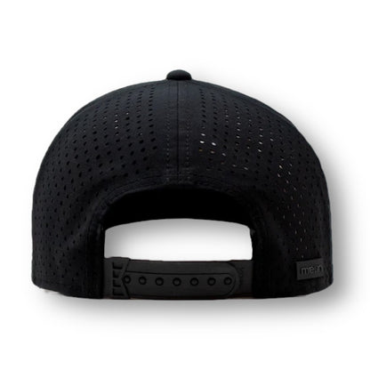 Backside of black Melin snapback hat with perforated material. 