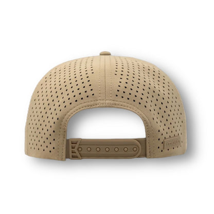 Backside of khaki color Melin snapback hat with perforated material. 